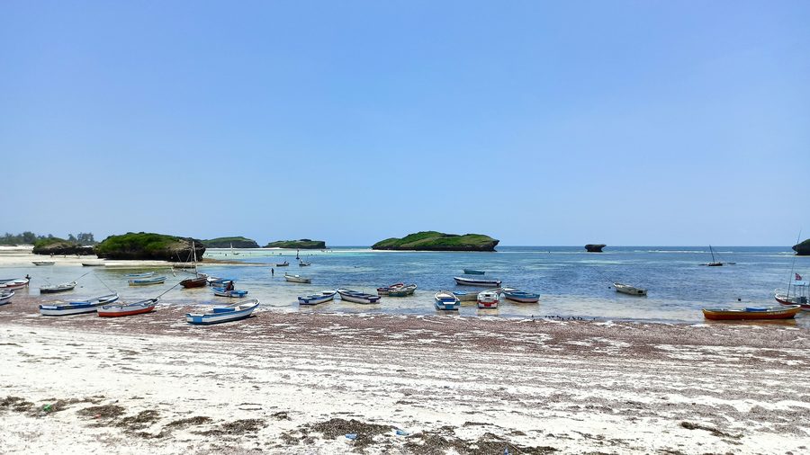 Пляж Watamu с светлым песчаным побережьем и видом на Индийский океан в Кении