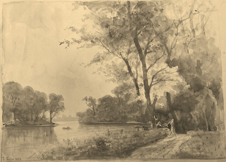 Акварелированный рисунок пруда Mühlenteich в Фареле-Обенштрое 1878 года.
