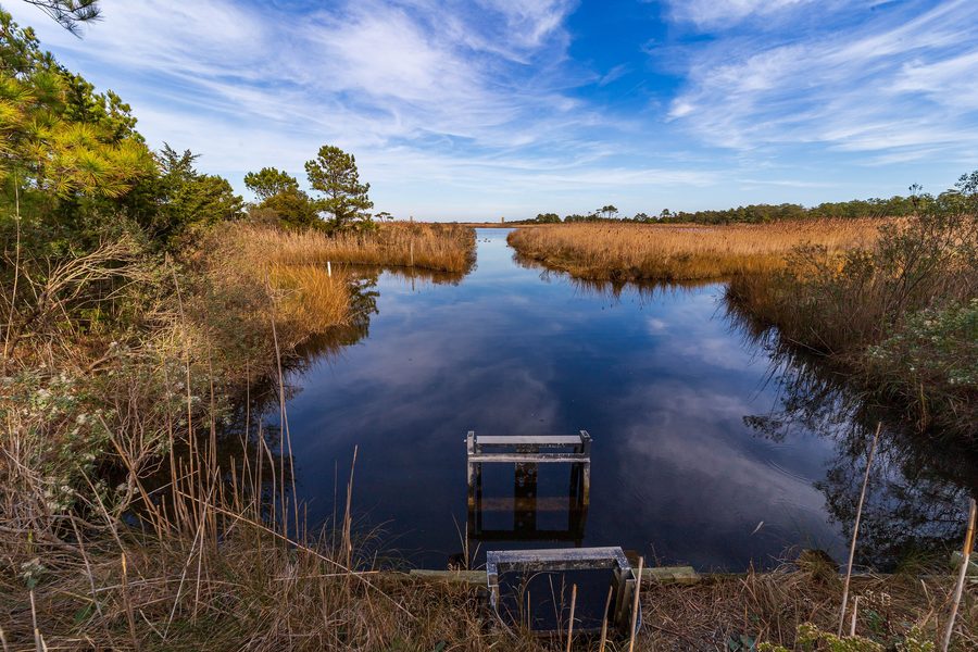 Вид на пляж и дюны в Cape Henlopen State Park с историческими башнями на горизонте.